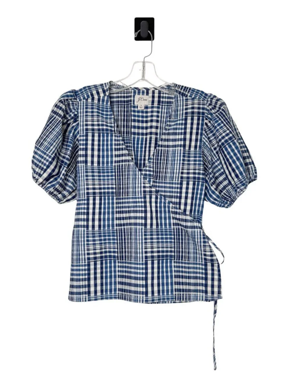 J. Crew Puff Sleeve Patchwork Denim Wrap Shirt